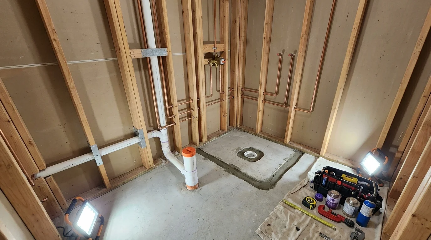 Bathroom rough-in plumbing during remodel by Johns Plumbing LLC in Bourbonnais