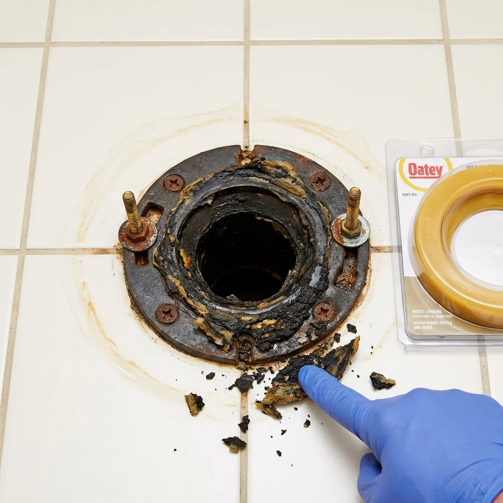 Failed wax ring showing water seepage at the base of a toilet in a Bourbonnais, IL home