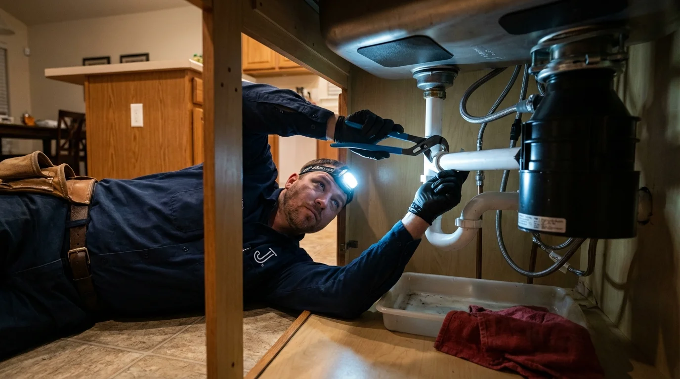 P-trap and supply line connections under a kitchen sink showing a common leak point in Bourbonnais, IL